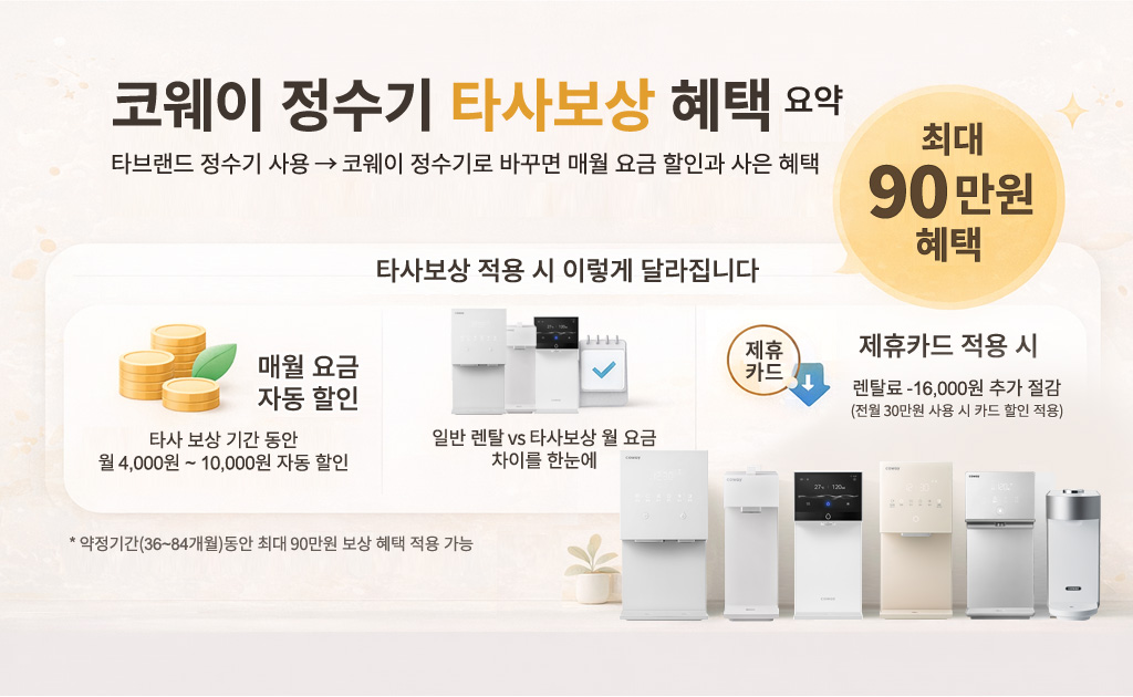 코웨이 정수기 타사보상 혜택 요약 안내 이미지
