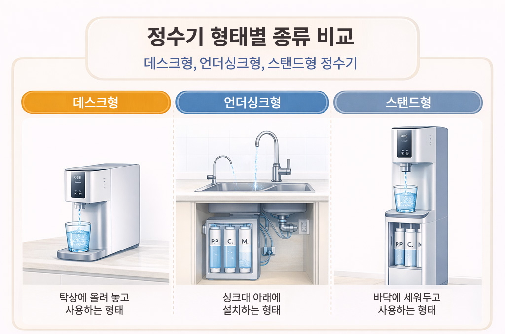 정수기 형태별 종류 비교 - 데스크형 언더싱크형 스탠드형 정수기