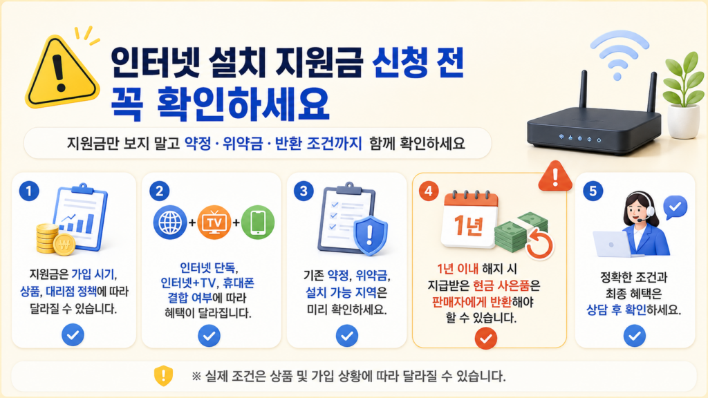 인터넷 설치 지원금 신청 전 약정 위약금 사은품 반환 조건 확인