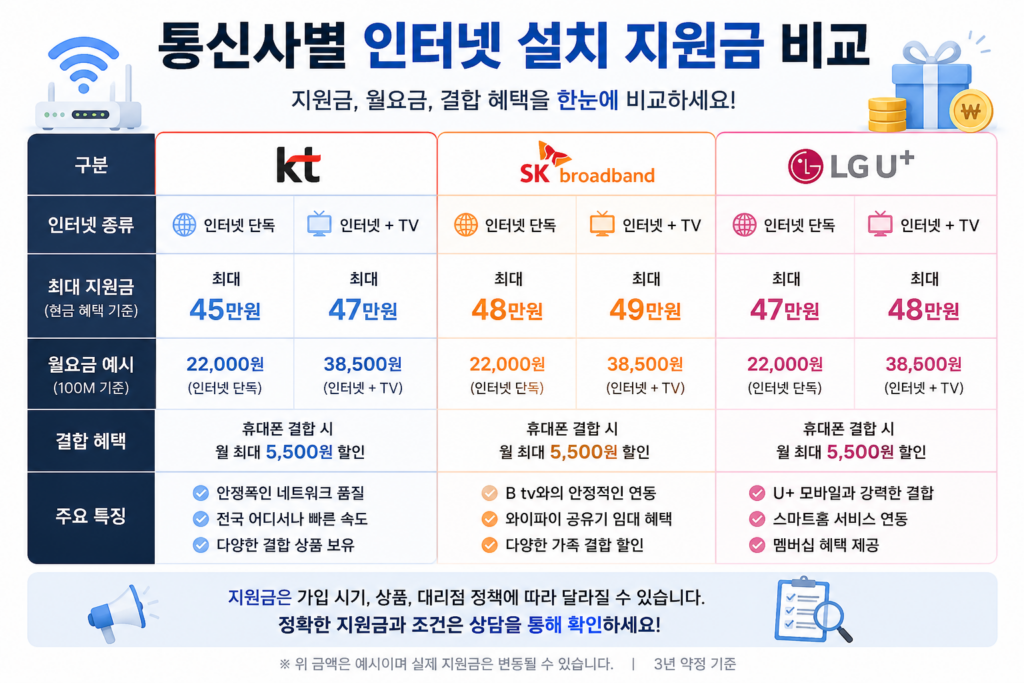 통신사별 인터넷 설치 지원금 비교 KT SK브로드밴드 LG U+