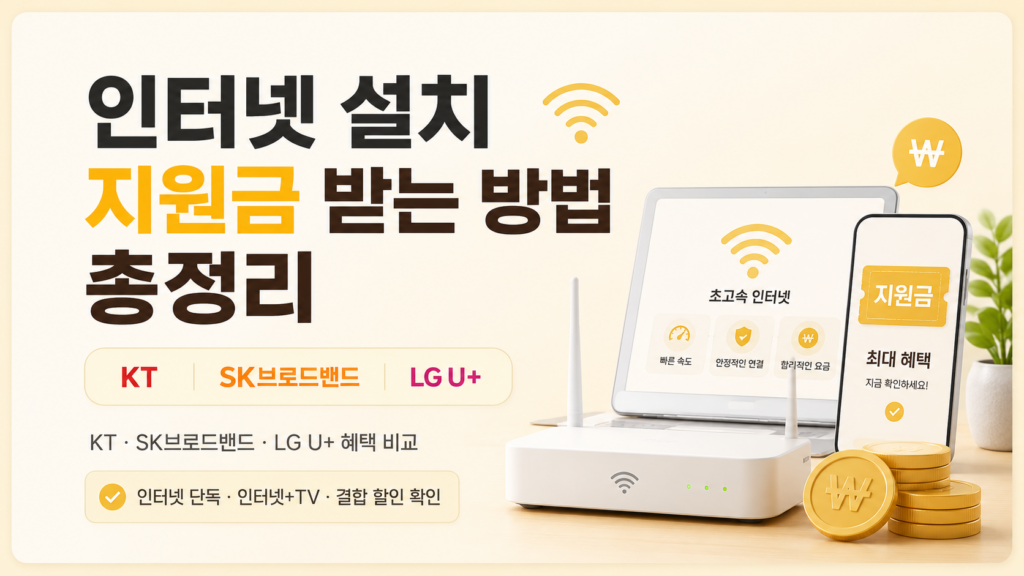 KT, SK브로드밴드, LG U+ 인터넷 설치 지원금과 가입 혜택을 비교하는 방법을 정리한 안내 이미지입니다.
