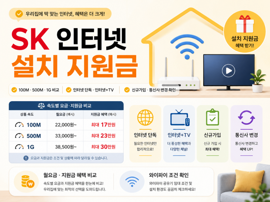 SK 인터넷 설치 지원금 100M 500M 1G 인터넷 TV 결합 신규가입 통신사 변경 혜택 비교